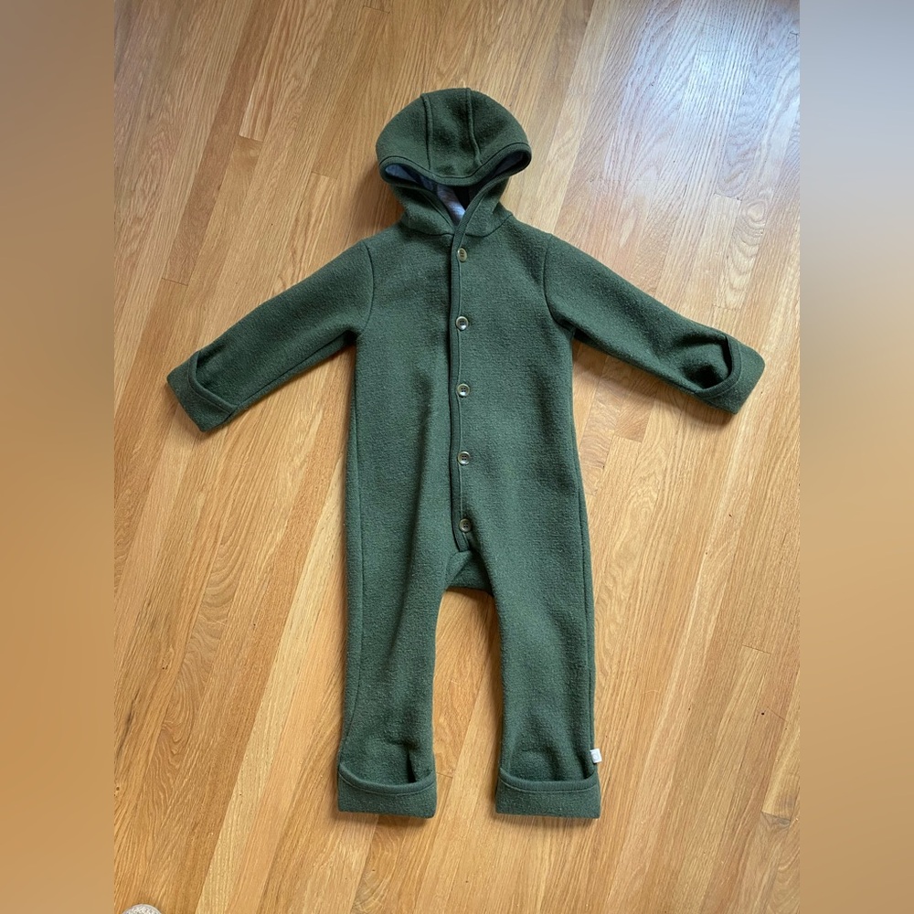 Mama Owl Disana Boiled Merino Wool Overall- Olive, size 12-24 mo